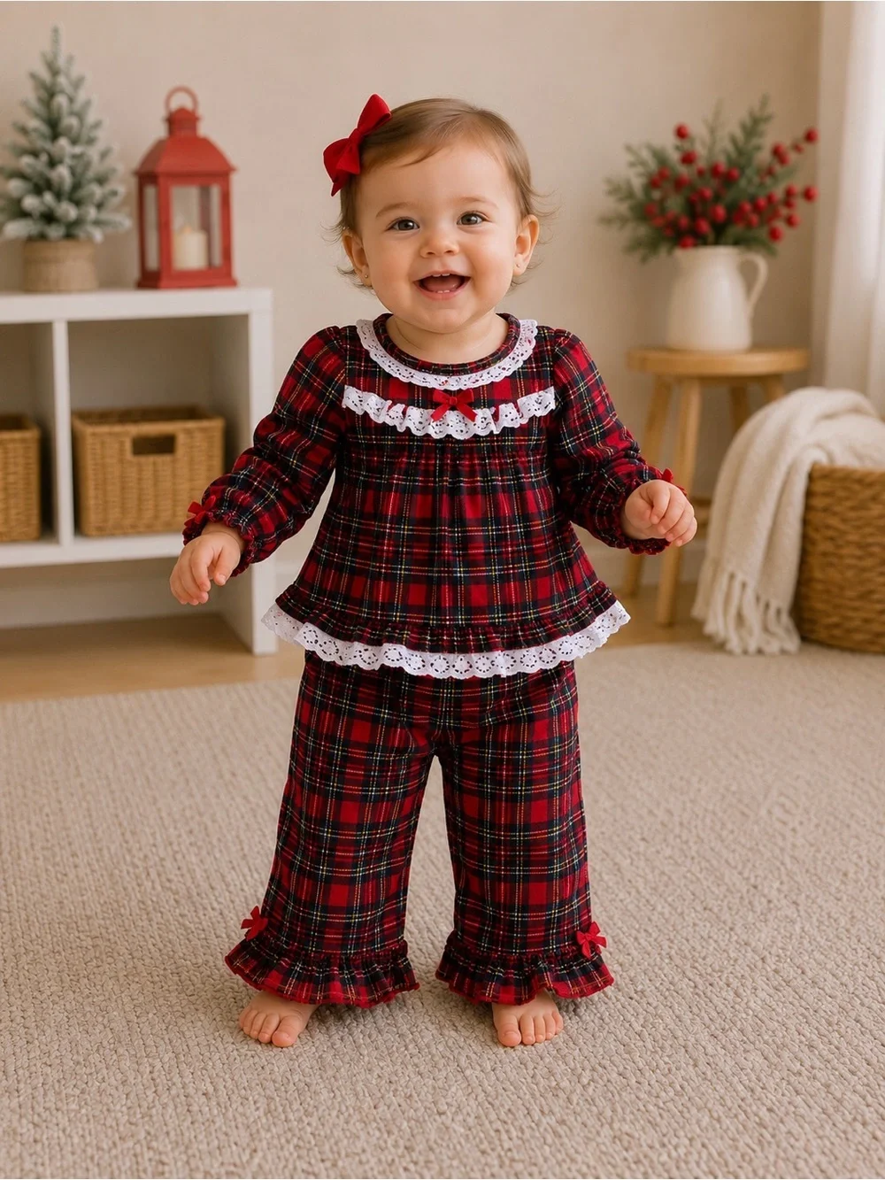 Little Me Red and Black Plaid Ruffle Pajama Set with White Lace